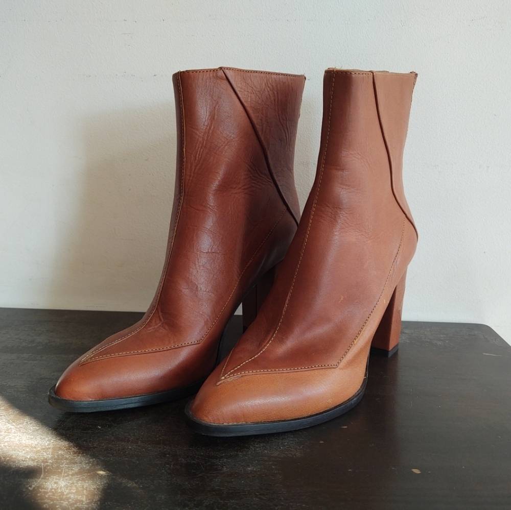 SYLVEN NEW YORK ALMASI Cognac Vegetable-Tanned Calf Leather Brown Heel Boots 7.5